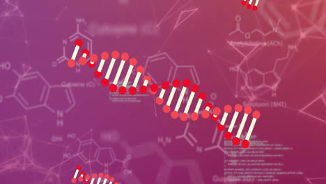 dna strand animation over chemical formulas and molecular structures