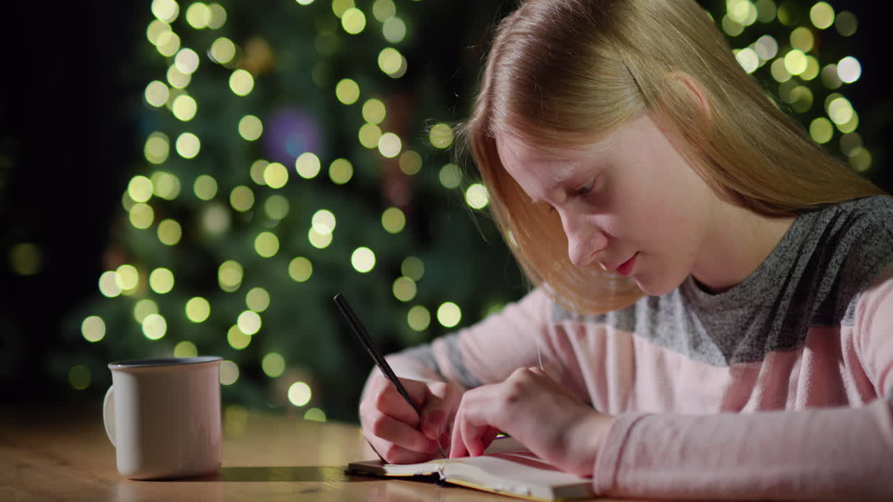 A teenage girl writes in a diary, in the background blurry lights of the Christmas tree