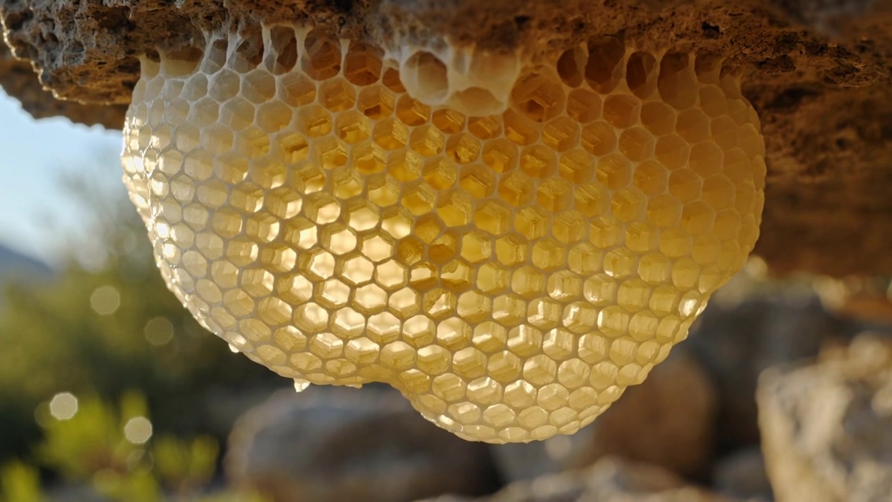 Una telecamera che zooma e riprende un favo giallo pallido sotto una sporgenza rocciosa, retroilluminando le goccioline di miele.