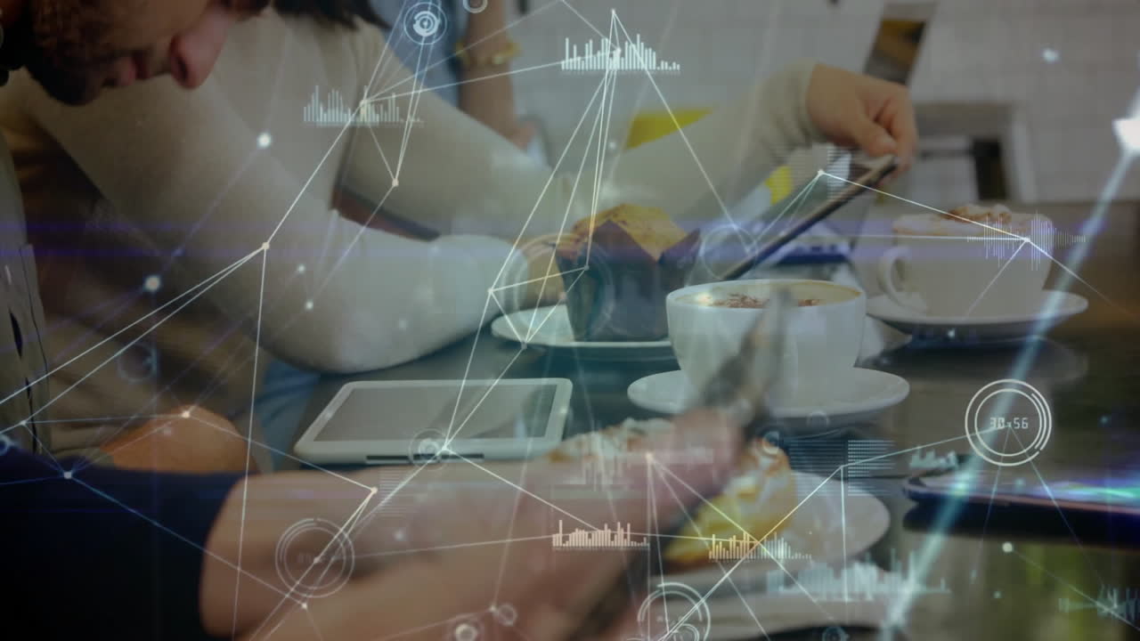 Using smartphones in cafe, people with network connections and data processing animation
