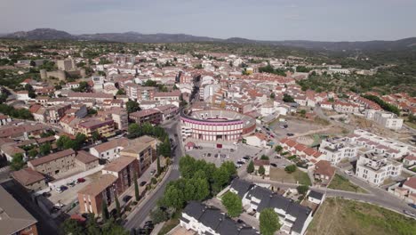 aerial view circling spanish plaza de toros bullring in the scenic san marti n de valdeiglesias municipality