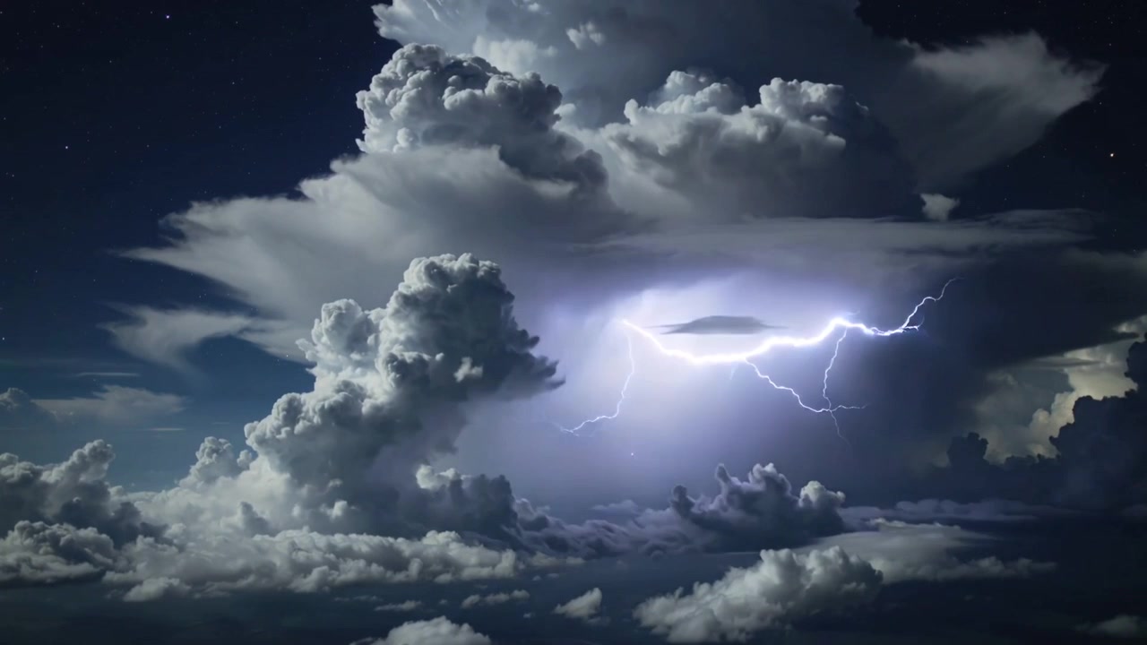 Cumulonembi che producono fulmini ramificati e un fulmine verticale sopra nuvole più basse di notte.