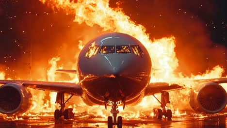 a large jetliner sitting on top of an airport runway on fire