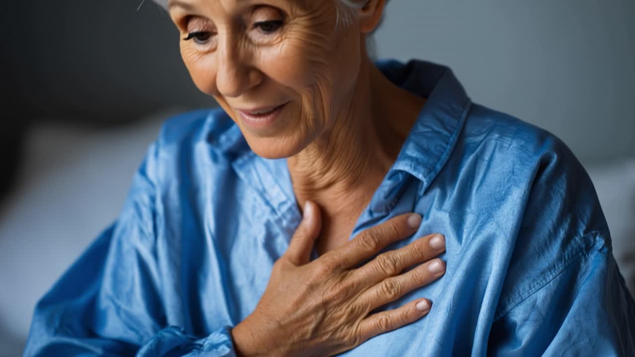 Elderly woman holds her chest, showing discomfort. Her expression shows pain or worry. She wears a blue satin blouse. Scene implies health or emotional distress. Suitable for medical, wellness