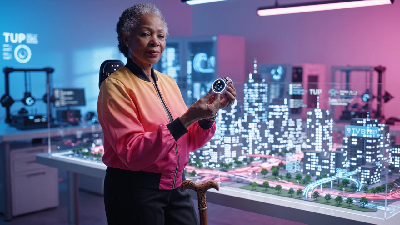 Moden eleganse: En eldre kvinne undersøker en moderne enhet i en futuristisk bymodell, som blander tradisjon og innovasjon i et høyteknologisk miljø.