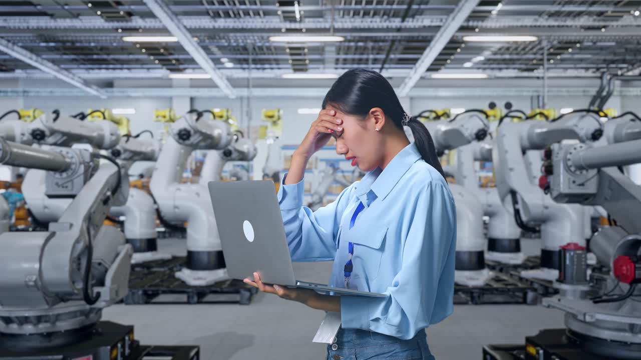 産業用ロボットの問題に直面する女性エンジニア