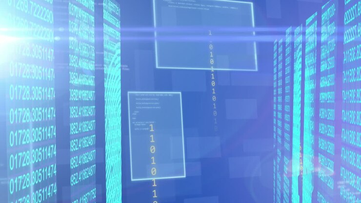 Animation of data processing and circuit board over computer servers