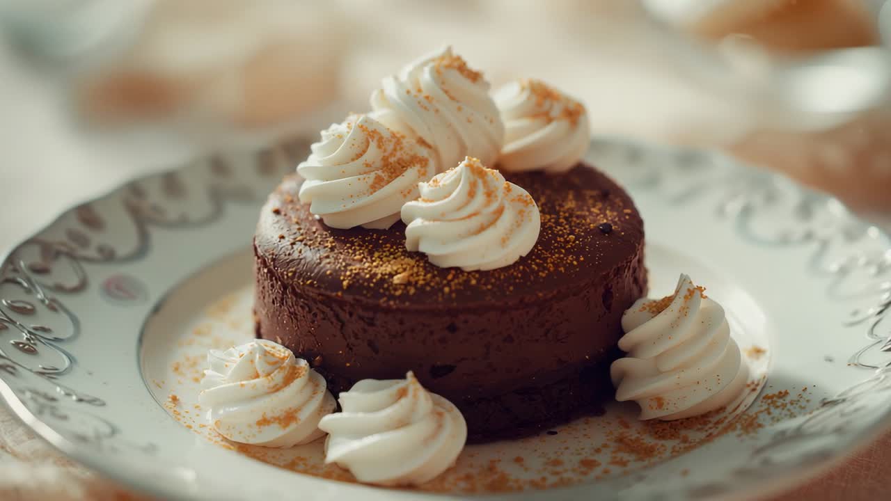 Camera zooming in on chocolate cake on decorative plate, with whipped cream dollops, golden powder