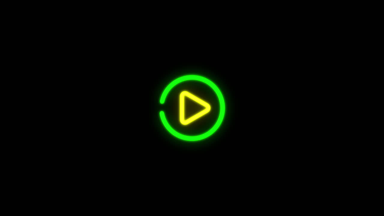 Neon Play Button Icon with Loading Animation on Black Background