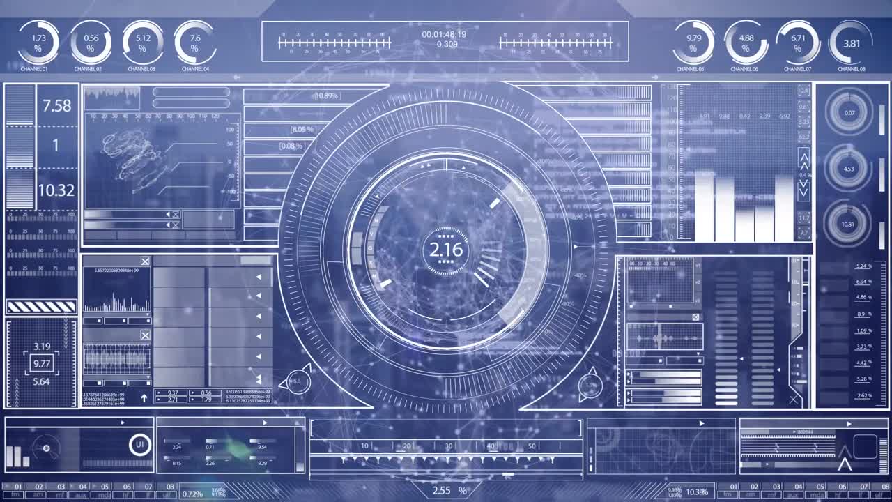 도시 풍경에 대한 연결 네트워크의 전 세계 데이터 처리 인터페이스의 애니메이션