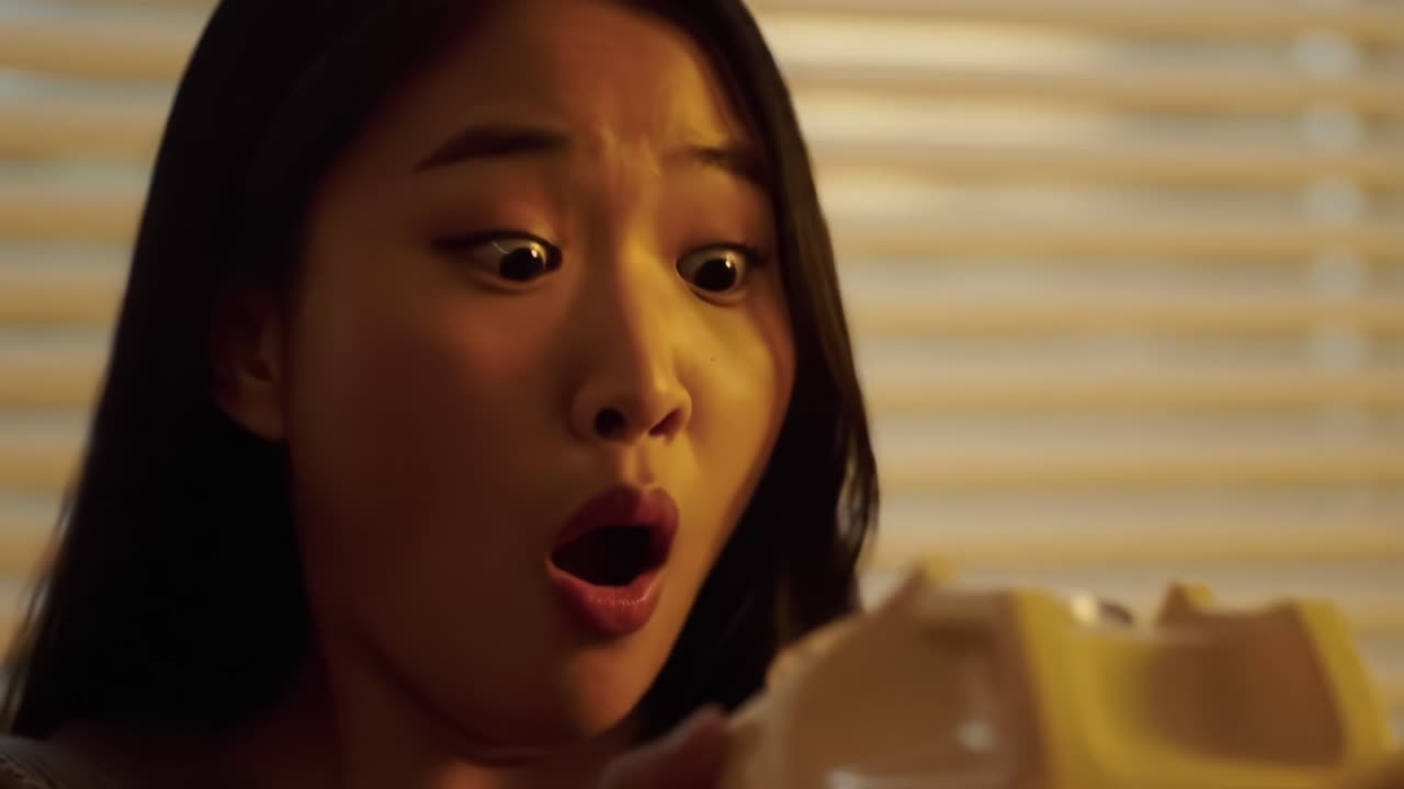 A Dramatic Journey of Emotion: A Young Woman's Transition from Fear to Joy as She Engages with a Vintage Telephone in a Cozy, Sunlit Room