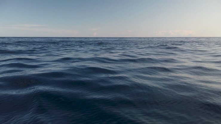 View of calm ocean water surface with small waves and empty horizon, slow motion
