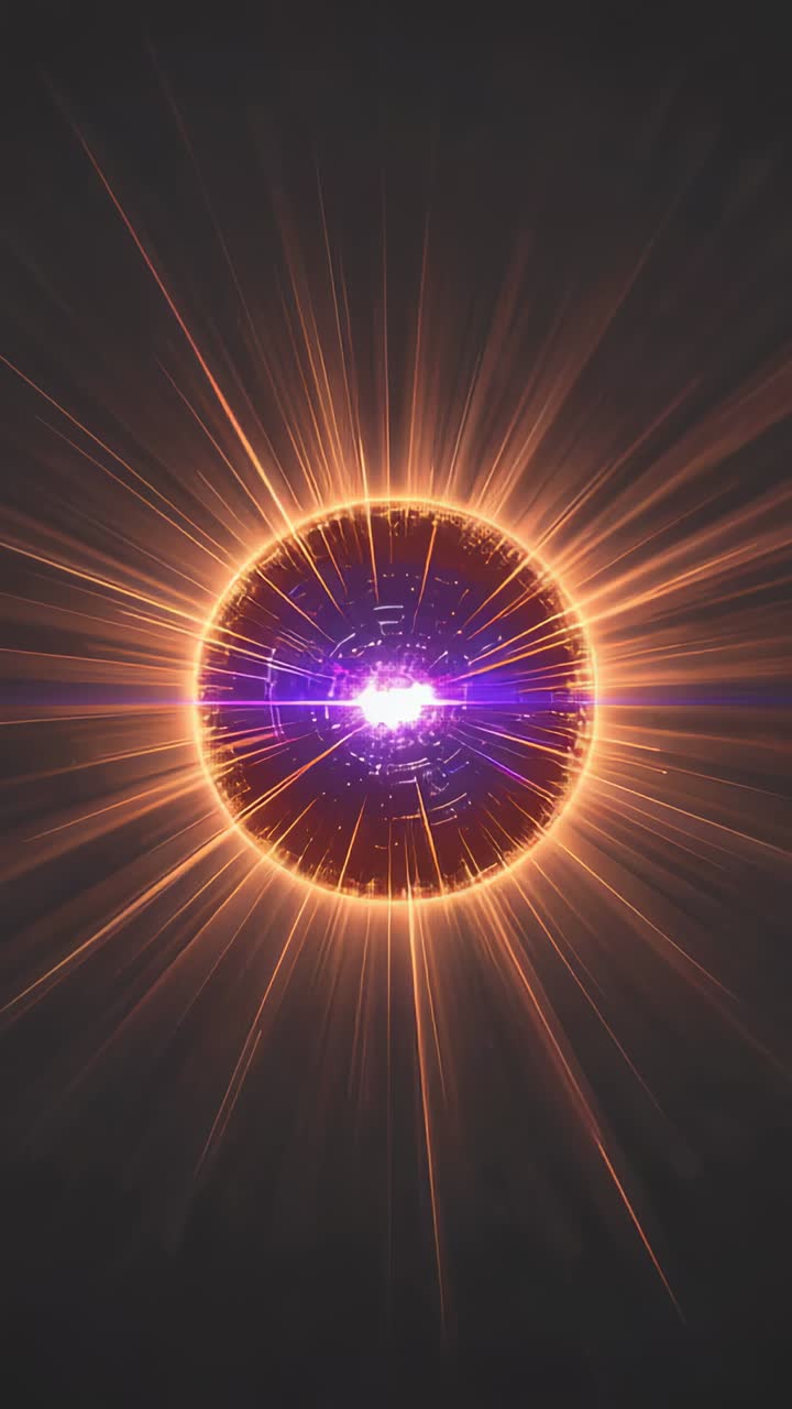 Vertical video: Blinking purple point sparking central orb expanding in dark void, orange starburst
