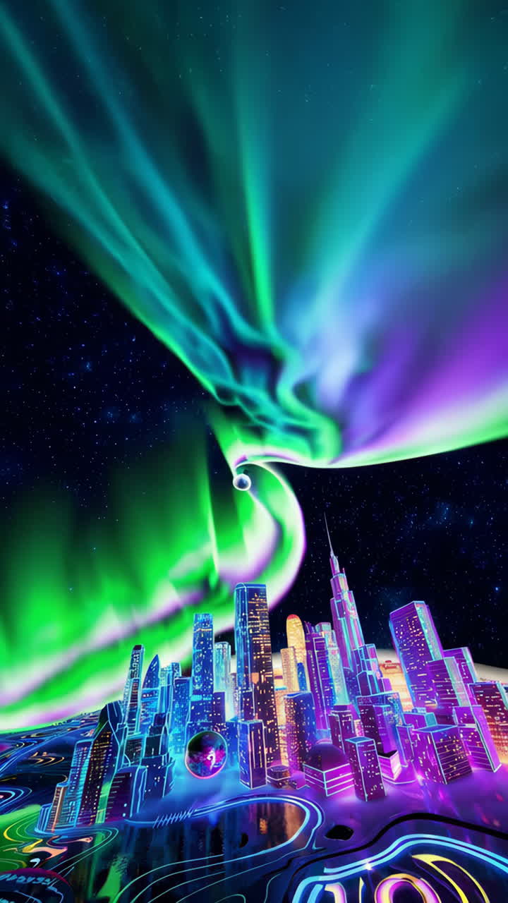 Vibrant Neon Cityscape Under a Dazzling Aurora