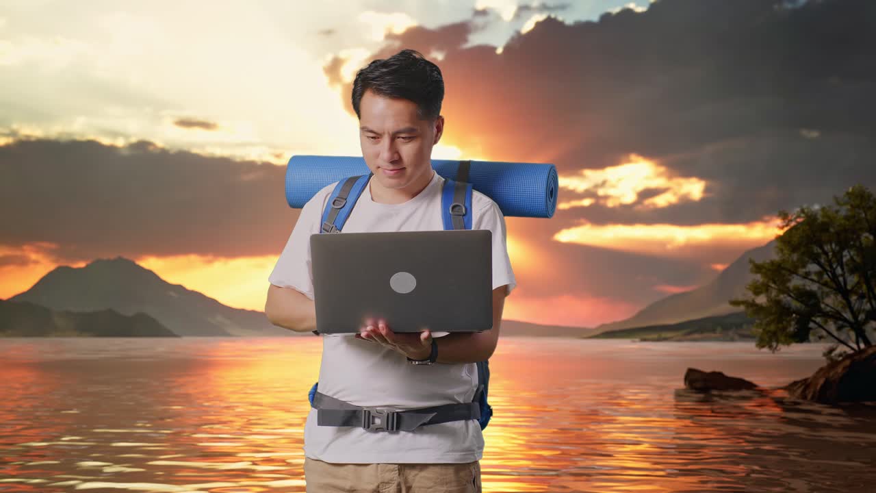 Aziatische mannelijke wandelaar met bergsportrugzak die een laptop gebruikt bij een meer