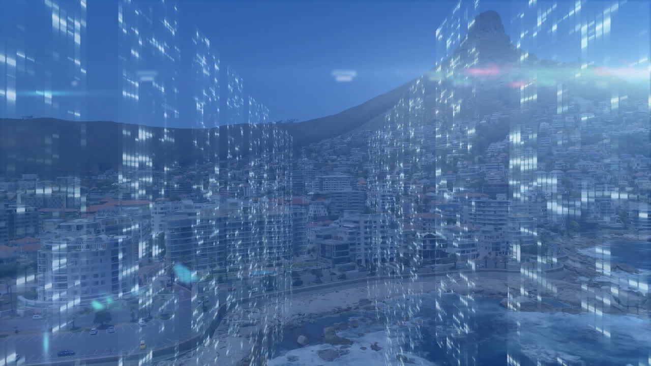 Digital code streams cascading across coastal city, buildings floating along curved beachfront road