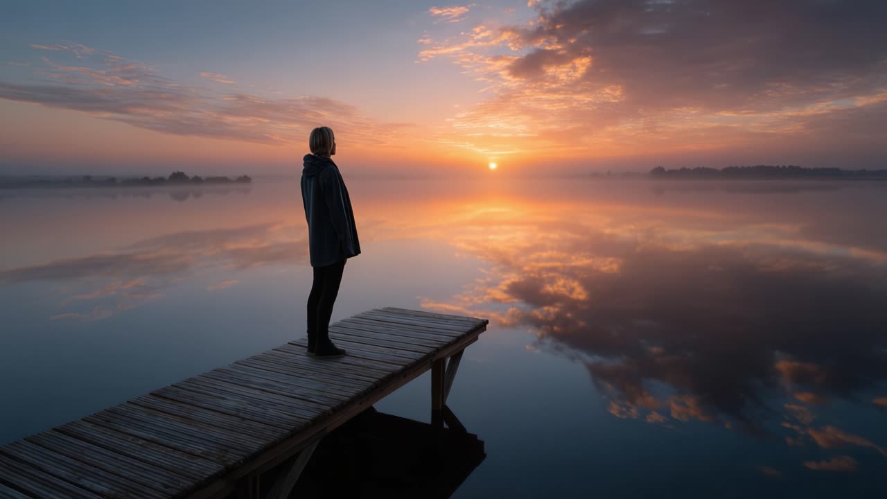 Un riflesso sereno: catturare la bellezza tranquilla di una persona che osserva un maestoso sorgere del sole su acque calme in una mattina tranquilla.