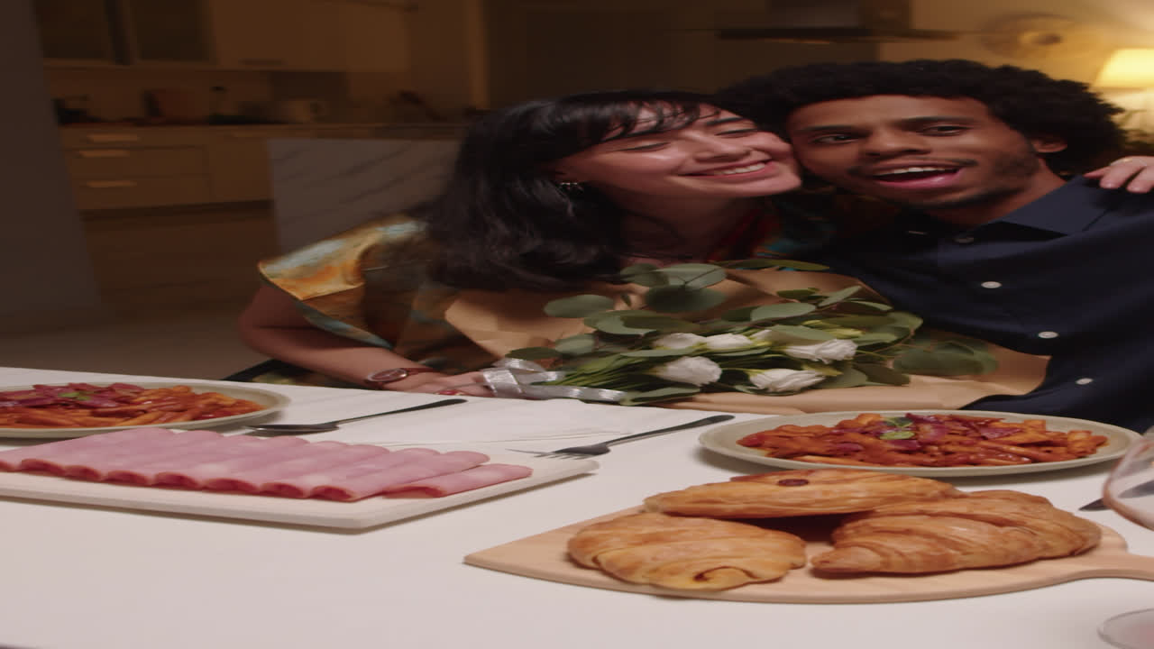 Married Biracial Couple Taking Selfie at Festive Table