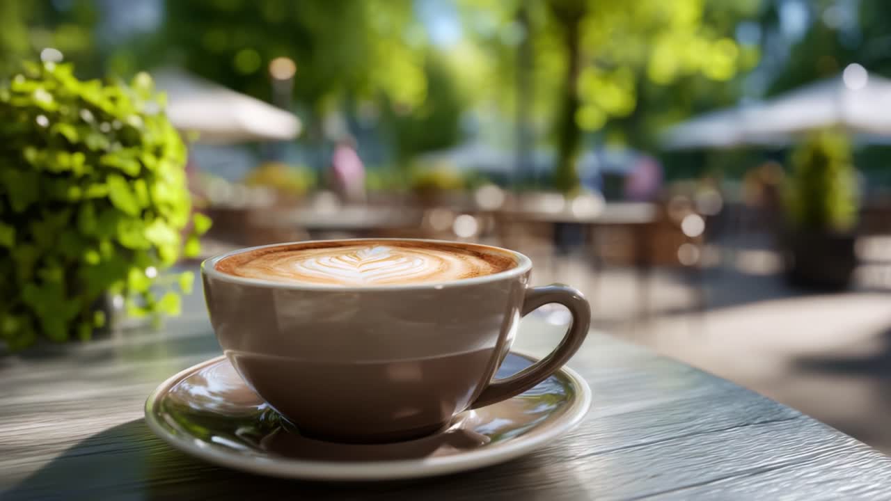 Eine warme Tasse Kaffee mit wunderschöner Latte Art auf einem Holztisch in einem sonnendurchfluteten Café im Freien, umgeben von üppigem Grün und einladendem Ambiente