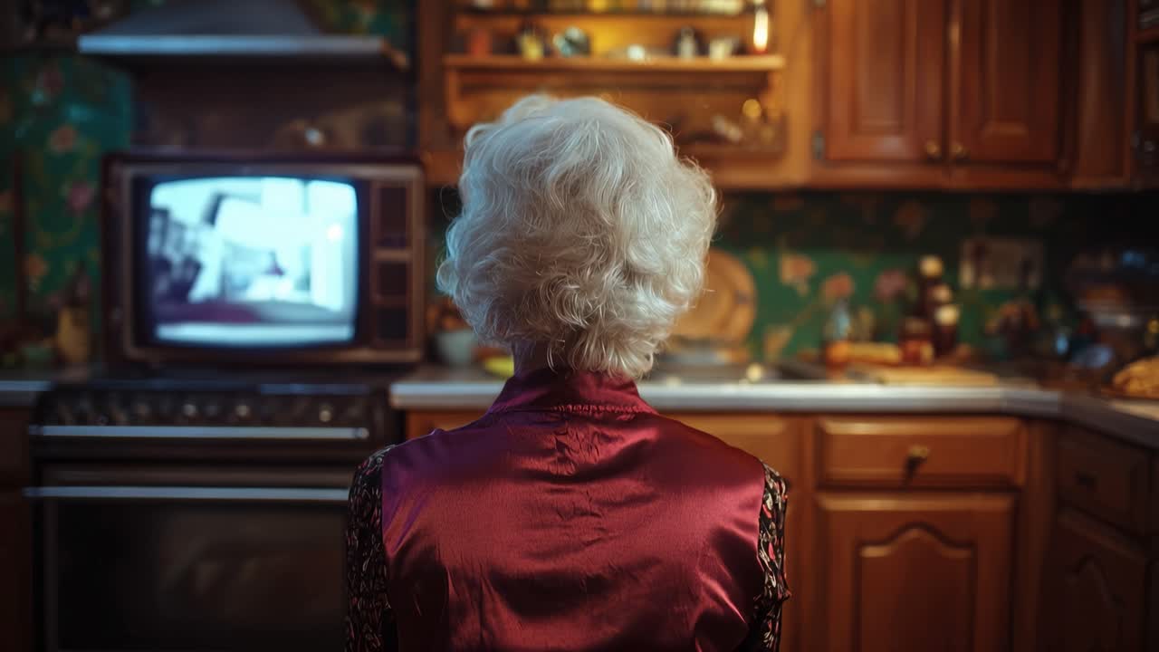 Stará žena sleduje oheň v retro televizi. Kuchyně zalitá teplým, tlumeným světlem. Zády ke kameře, klidná a tichá. Útulný, nostalgický, poklidný okamžik. Ideální pro scény tiché kontemplace.