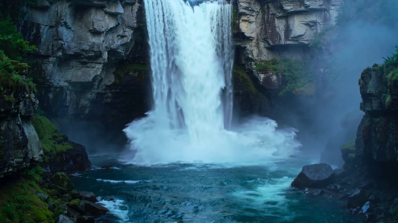 Herabstürzender Wasserfall, gespeist von oberirdischem Fluss, sendet Wasser über eine Klippe in ein türkisfarbenes Becken und erzeugt Nebel.