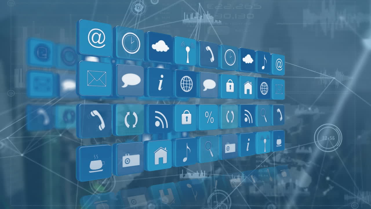 animación de la red de conexiones con iconos digitales sobre fondo azul