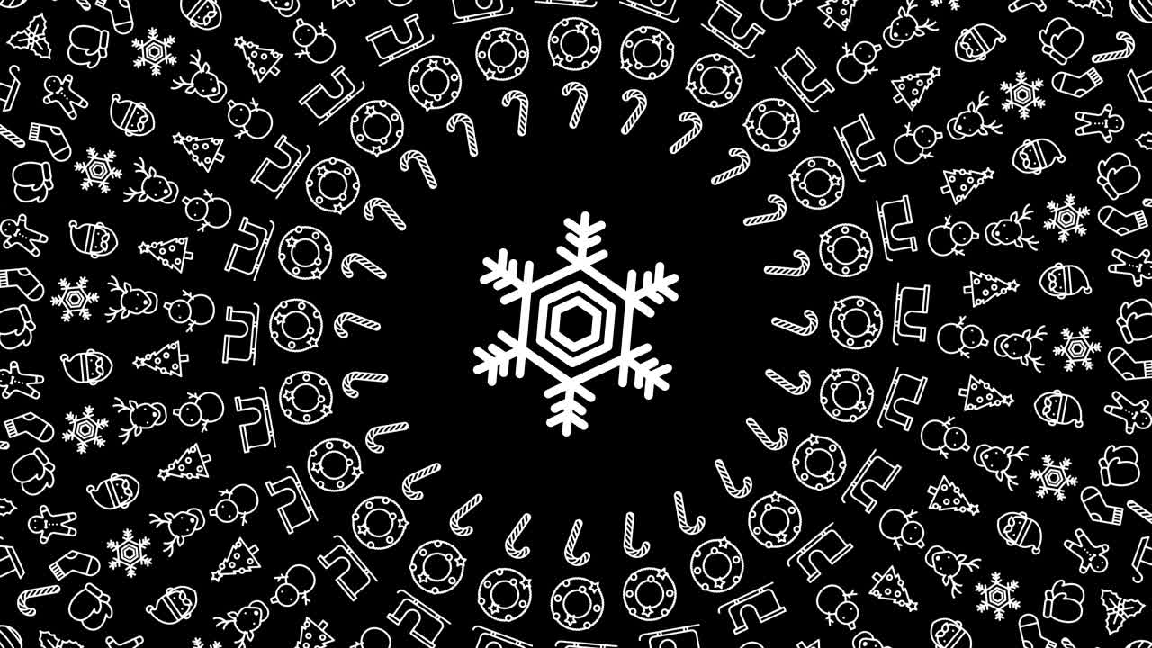 스노우플레이크 크리스마스 아이콘 패턴 원 모양 회전 빨간색 배경에 움직이는 일러스트레이션 원활한 루핑 애니메이션 4k 및 루마 매트 알파 채널 복사 공간 센터