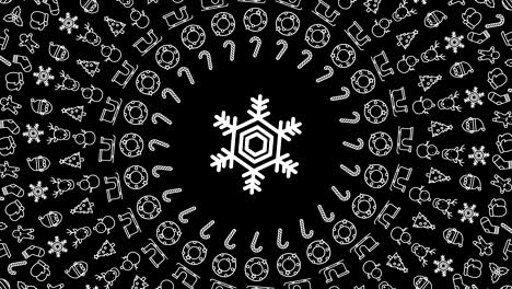floco de nieve patrón de icono de navidad forma de círculo girar ilustración en movimiento en fondo de color rojo animación de bucle sin costuras 4k, y luma canal alfa mate con centro de espacio de copia