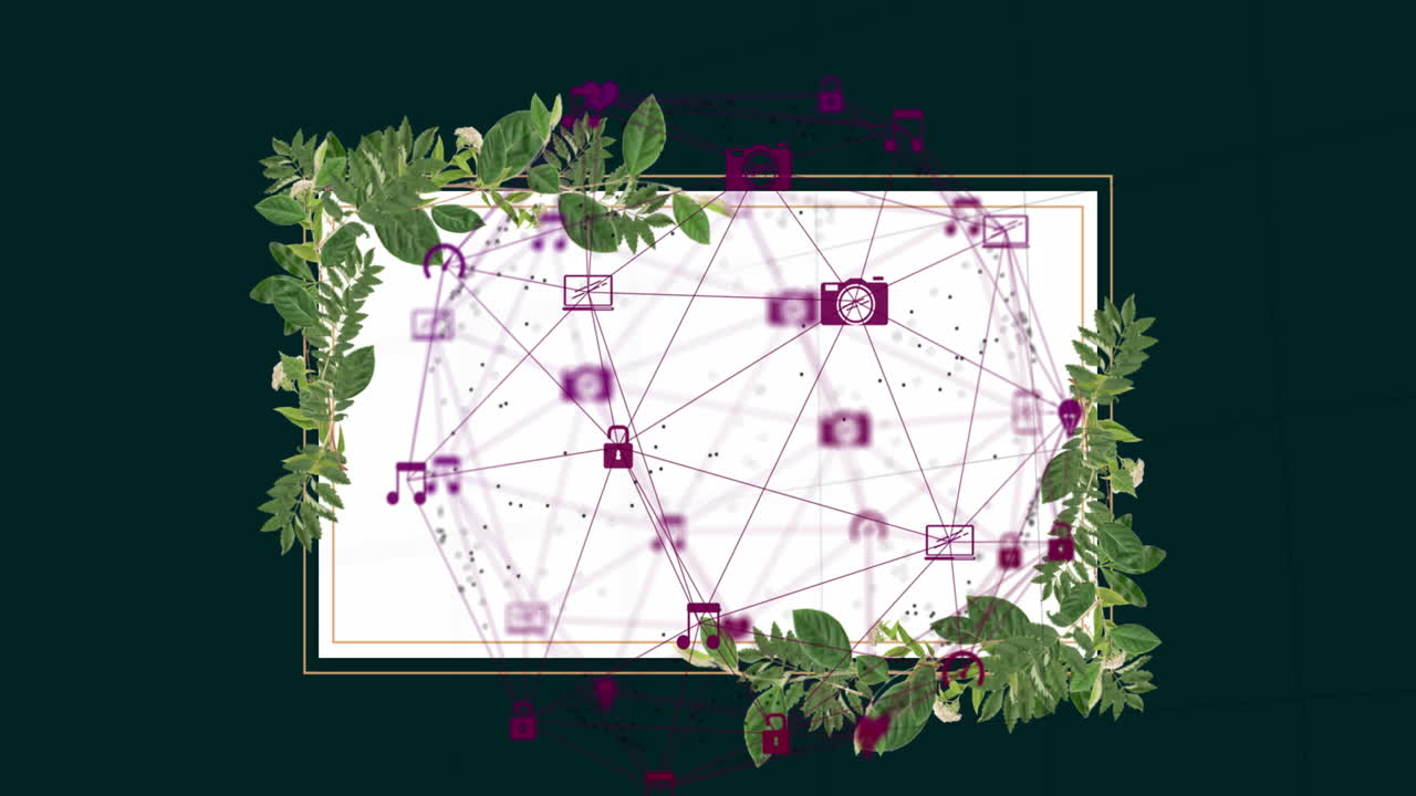 animación de la red de conexiones y pantallas sobre un fondo oscuro.