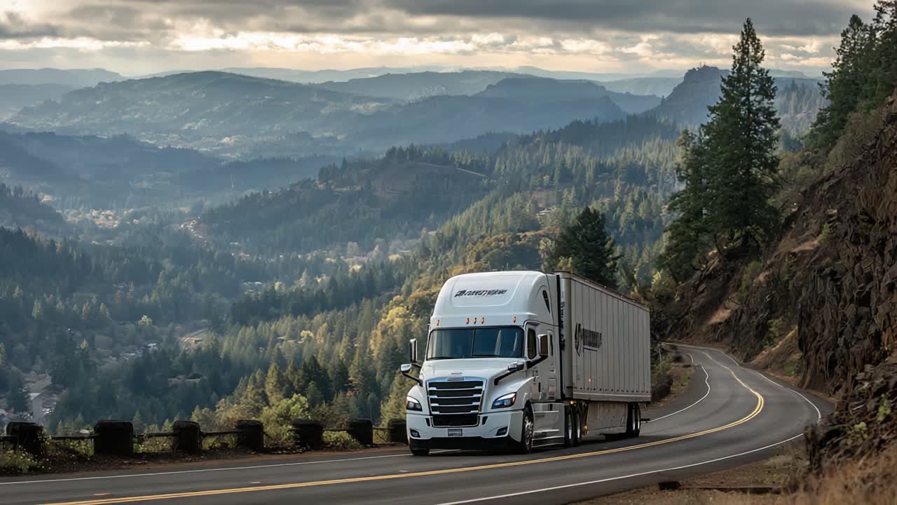A Scenic Journey: A Truck Navigates Winding Roads Amidst Vast Mountain Landscapes Showcasing Nature's Beauty and the Power of Transportation