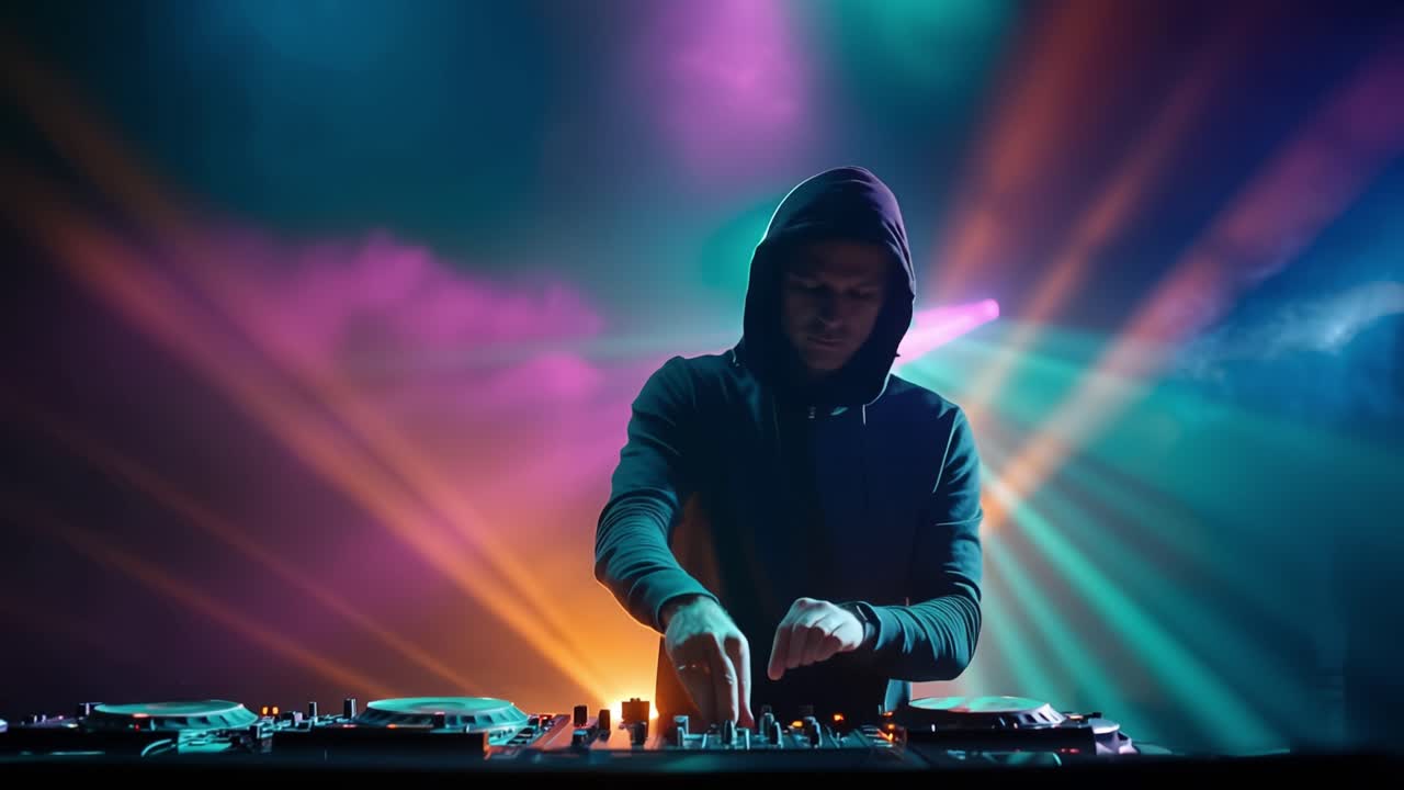 DJ con felpa con cappuccio mixa tracce sotto luci stroboscopiche. Fasci luminosi arcobaleno tagliano lo spazio oscurato del palco. L'energia pulsa mentre le dita scorrono sui controlli. Perfetto per scene di club, festival o video musicali