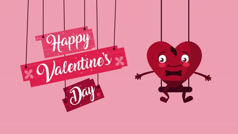 happy valentines day lettering hanging and male heart in swing animation