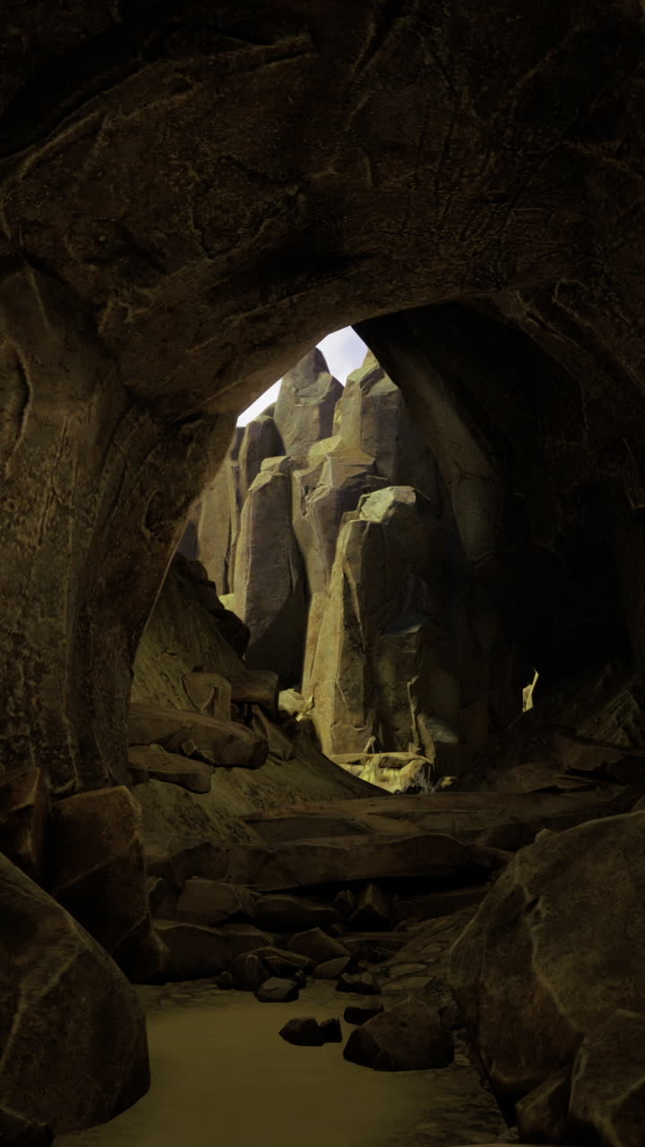 Grotta misteriosa ornata di rocce e illuminata da una luce soffusa