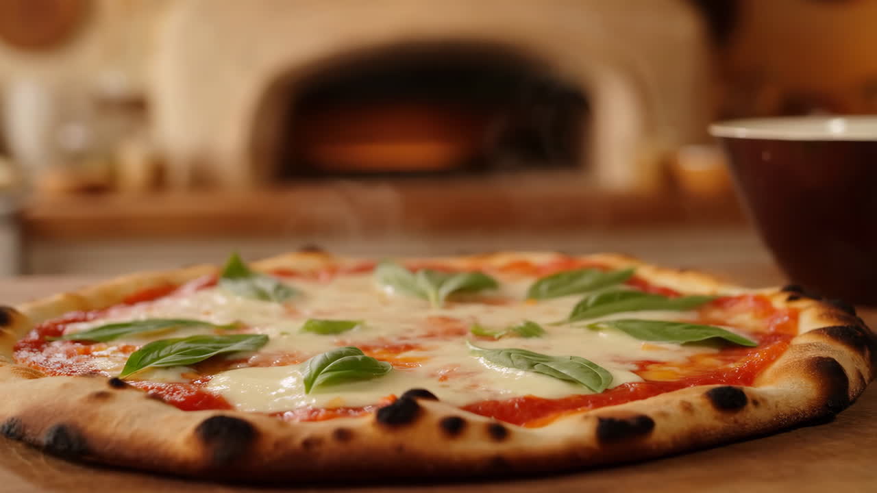 Primo piano di pizza napoletana su tagliere di legno, foglie di basilico fresco, mozzarella fusa, salsa di pomodoro, bordo carbonizzato.