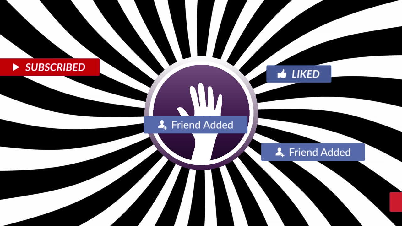 검은색과  ⁇ 색의 회전하는 배경에 대한 손과 소셜 미디어 반응의 애니메이션