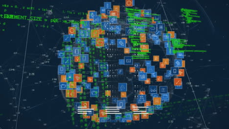 Animation of icons on globe over computer language and connected dots with numbers