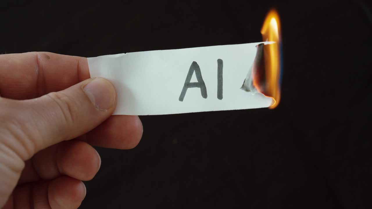 Mano che brucia un foglio etichettato "AI", a simboleggiare i rischi dell'intelligenza artificiale, la disruzione e una visione critica sulla tecnologia.