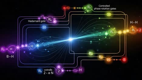 visual representation of quantum computing gates and operations with entangled particles and quantum states in a complex circuit diagram