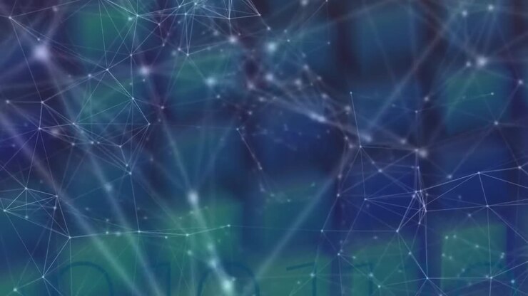 Animation of network of connections over blue digital screens background