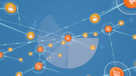 animation of network of connections with icons and data processing over blue background