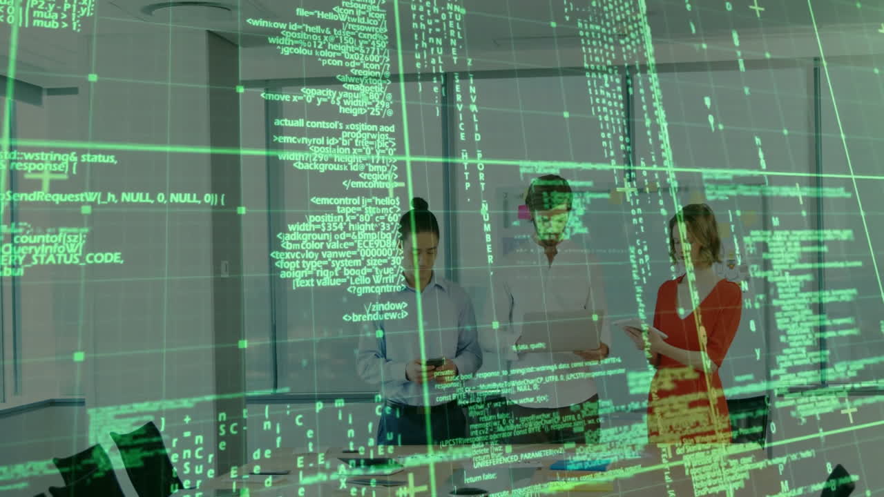 Computer code and data processing animation over diverse business people in office