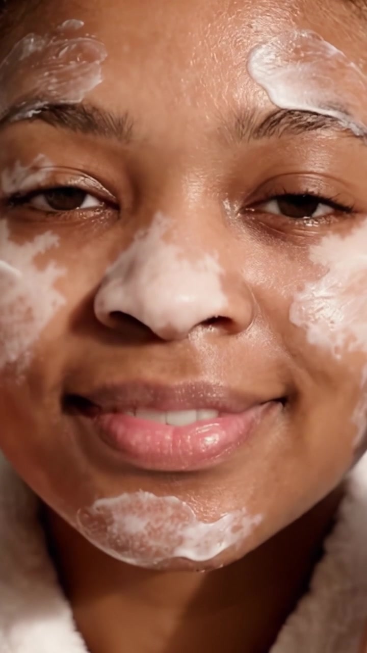 Um close-up de uma mulher desfrutando de uma rotina de limpeza com espuma abundante no rosto, destacando práticas de autocuidado e cuidados com a pele