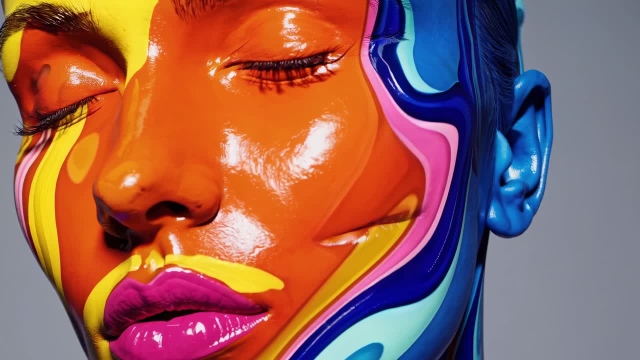 transformación de maquillaje creativo explorando una paleta de colores vibrante en el modelo femenino, mostrando el concepto de belleza artística a través de un diseño cosmético audaz contra un fondo gris neutro
