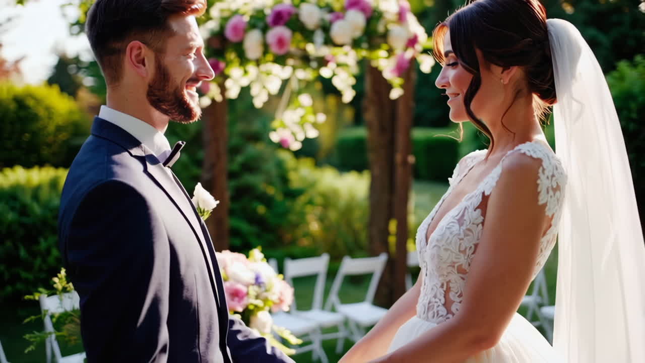 Couple at their outdoor garden wedding ceremony