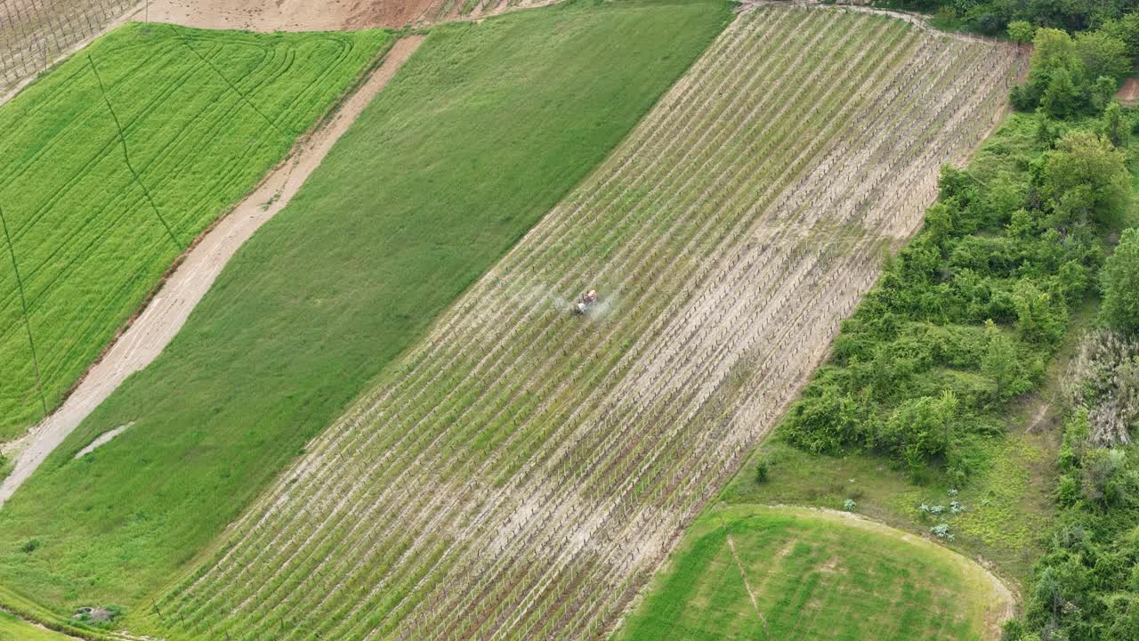 Aerial farmland view showing agricultural tractor spraying pesticides across cultivated Gutturnio and Ortrugi production wine farm , Piacemza, Emilia Romagna, Italy