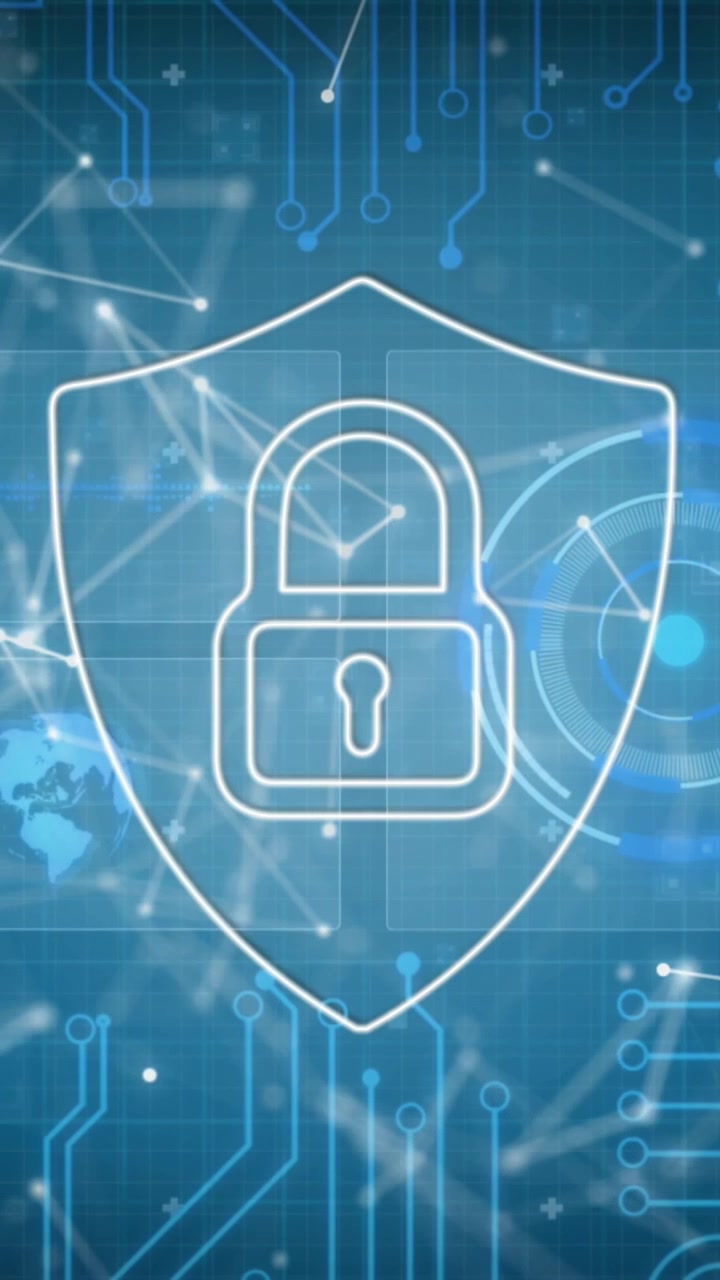 Animazione di connessioni, dati e scudo digitale con lucchetto su sfondo blu