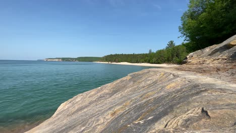 Pictured-Rocks-National-Lakeshore-Large-Rock-Formations-Blue-Sky-Sunny-Day-On-Lake-Superior