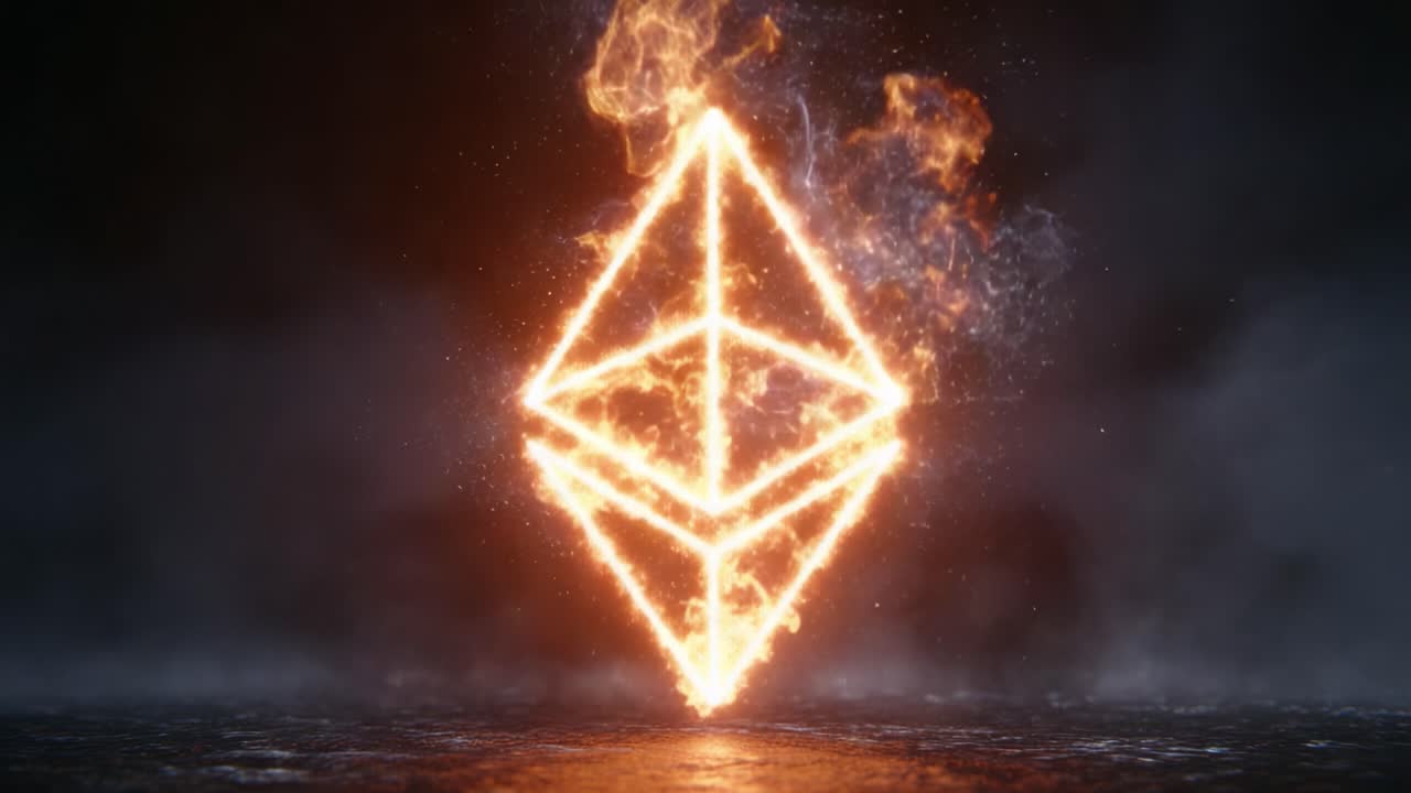 A Spectacular Display of a Flaming Geometric Symbol Illuminated Against a Dark Background, Representing Modern Digital Concepts Like Blockchain and Crypto Technology