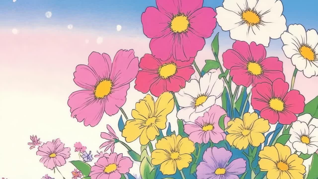 Illustrated floral scene with vibrant flowers against a pastel sky. Captured from a low angle