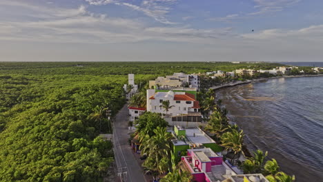 akumal méxico aerial v4 drone bajo vuela a lo largo de la costa capturando hoteles y casas de vacaciones frente al mar rodeados de exuberante paisaje de la selva y vistas al océano - filmado con mavic 3 pro cine - julio 2023